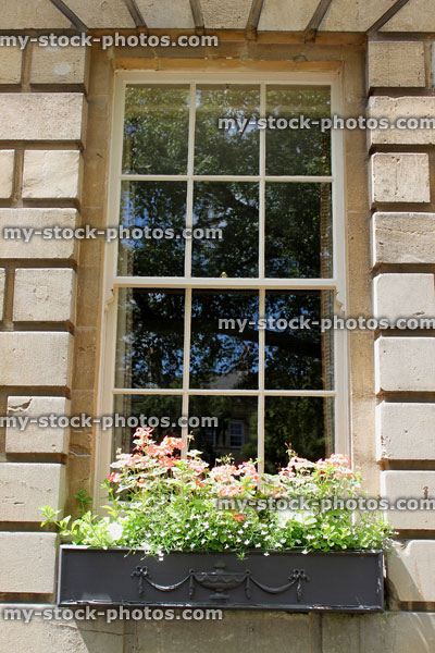 Stock image of lead window box with flowers on Georgian house, Bath stone