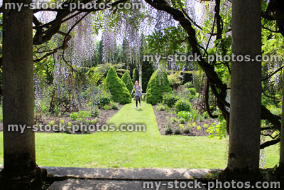 Stock image of girl running on garden lawn towards pergola of wisteria flowers