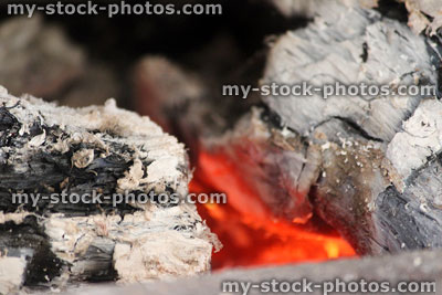 Stock image of open fire dying down with orange embers, wood / logs