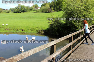 Stock image of girl standing on wooden bridge over river, watching ducks / geese