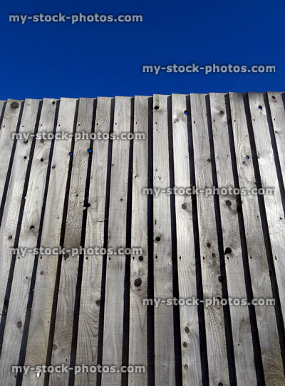 Stock image of wooden featherboard fence, treated featherboard fencing panels, weathered timber