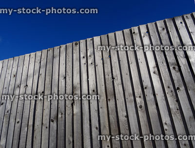 Stock image of wooden featherboard fence, treated feather edge panels, weathered timber
