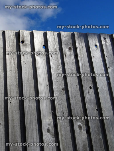 Stock image of wooden featherboard fence, feather edge fencing panels, weathered timber