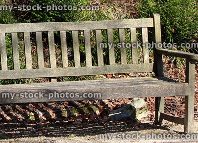Stock image of wooden bench / seat, weathered teak hardwood garden furniture