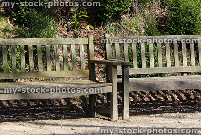 Stock image of traditional wooden slatted benches in sunny garden, by gravel pathway