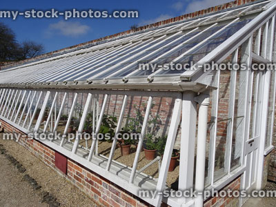 Stock image of long wooden greenhouse painted white, glass windows providing ventilation