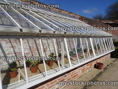 Stock image of wooden greenhouse / glasshouse painted white, allotment vegetable garden