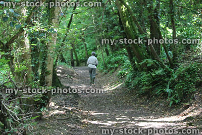 Stock image of woman walking along woodland path in dappled shade