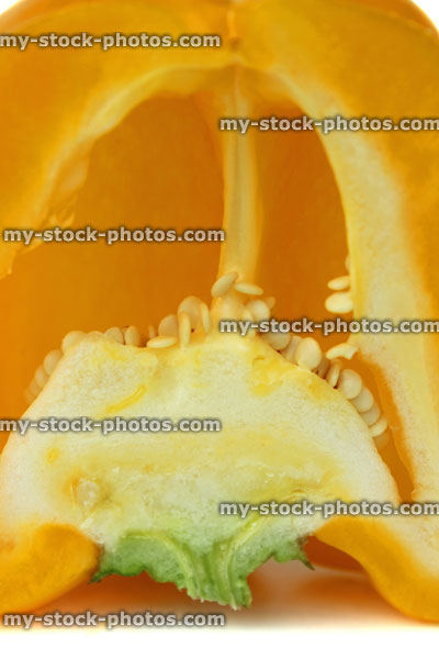 Stock image of yellow pepper / capsicum cross section, raw vegetable, seeds inside